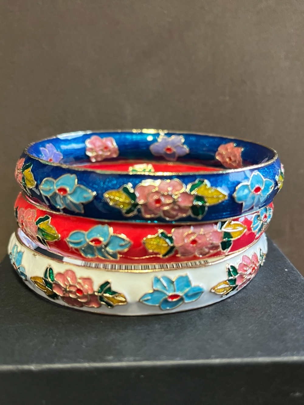 Hand-Painted Floral Enamel Bangle Set - Blue, Red, White - Picture 2 of 4